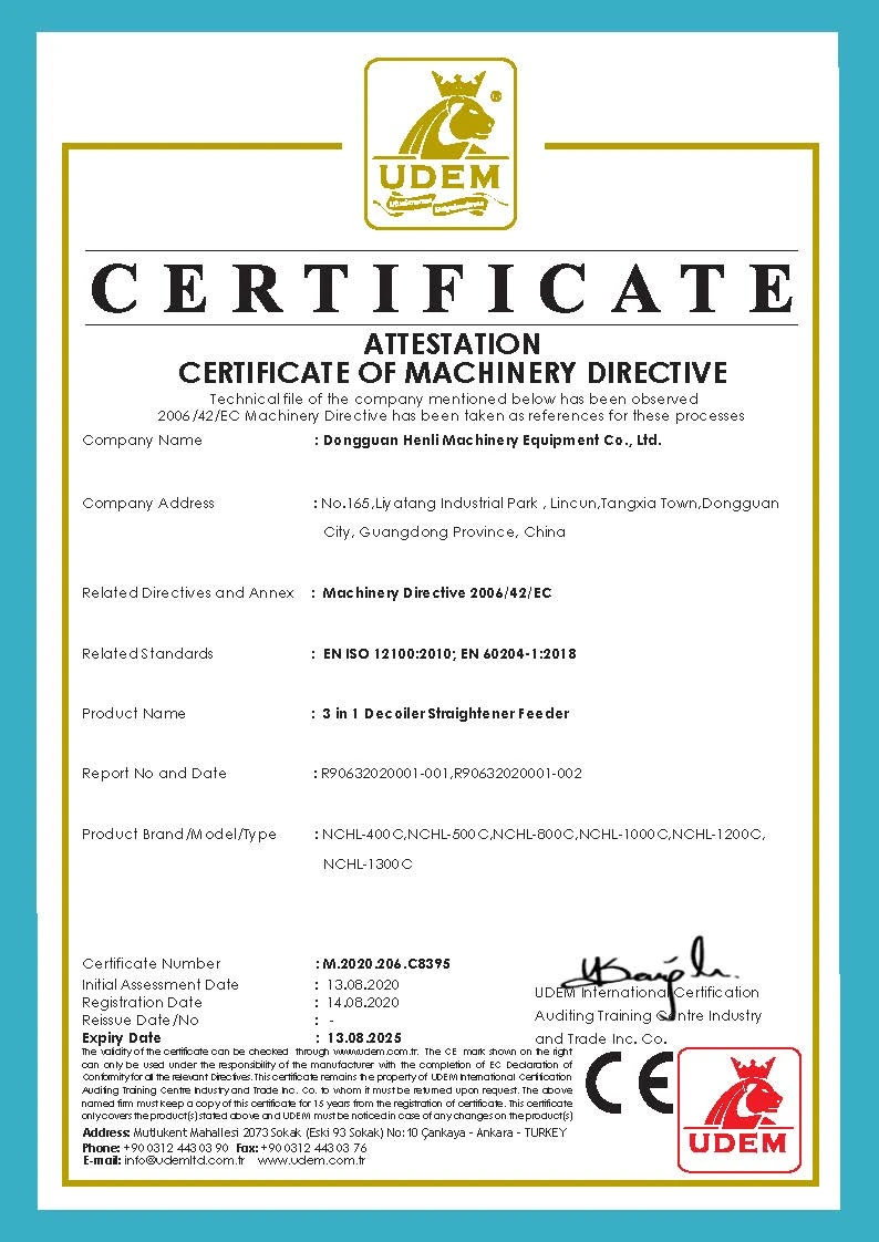 Certificado CE de la línea de alimentación HENLI