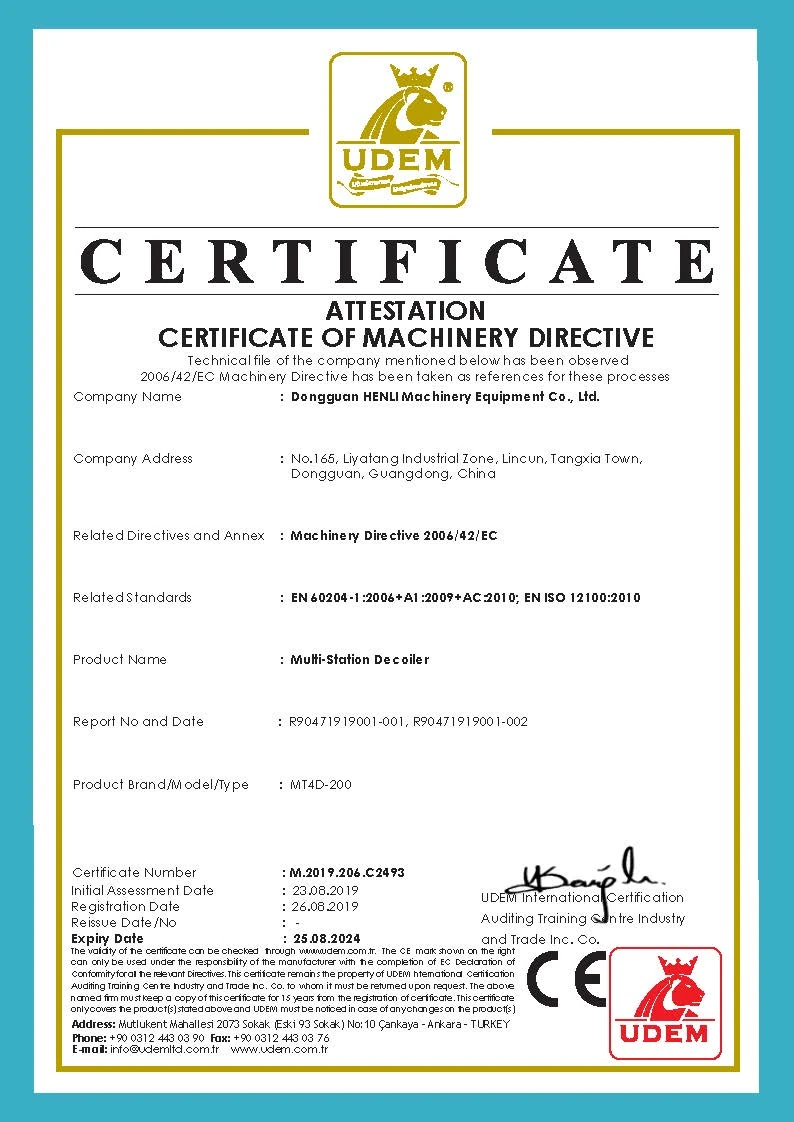 Certificado CE del desbobinador HENLI