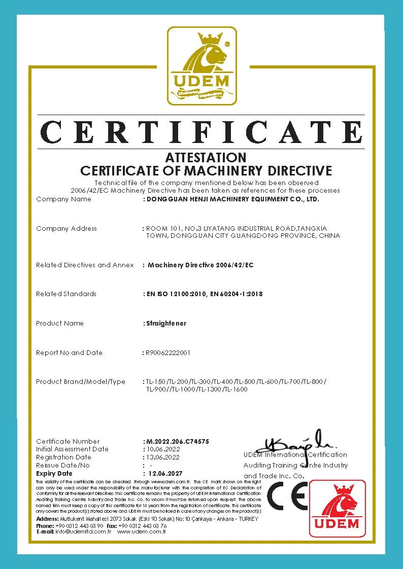 Certificado CE de la enderezadora HENLI