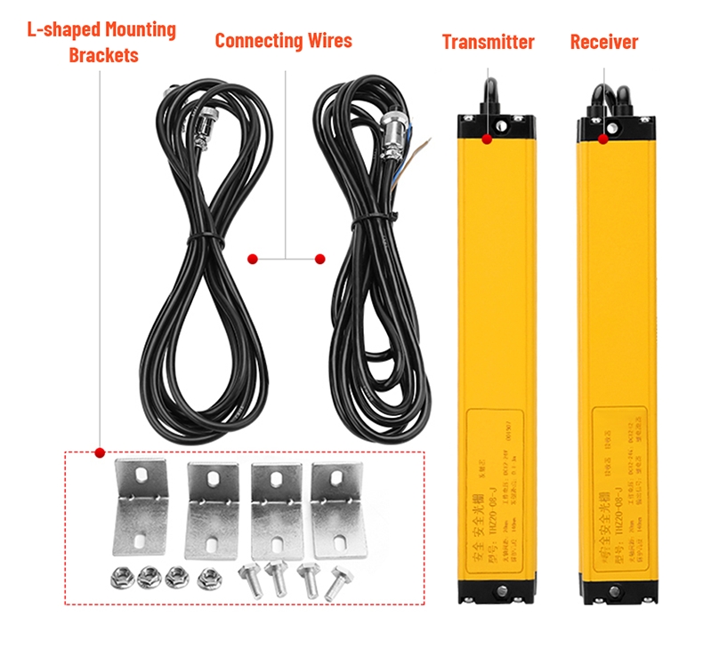 Emisor, receptor, cables y escuadras incluidos con la cortina de luz