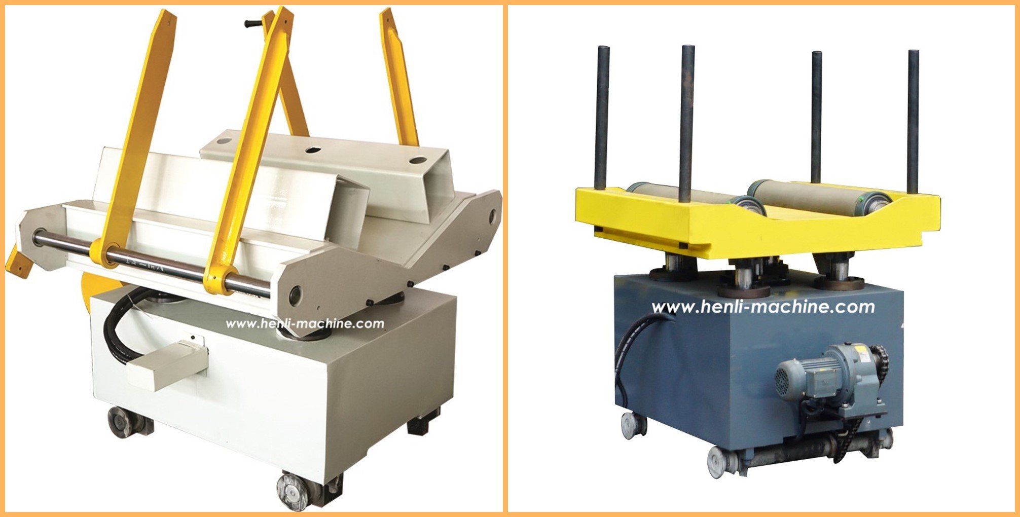 Dos configuraciones de carro hidráulico con asiento en V, rodillos, columnas guía y bordes de contención
