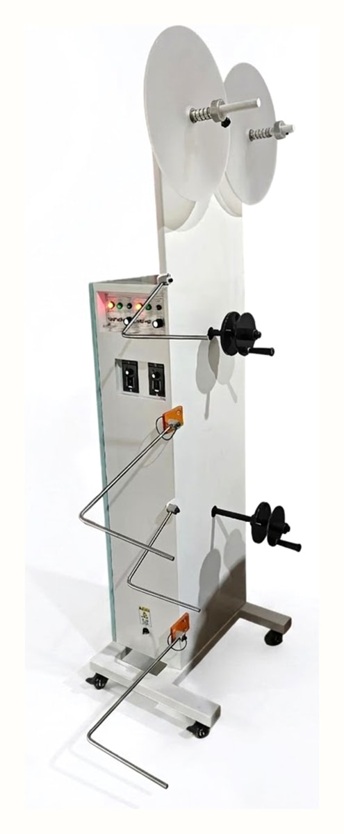 Rebobinador vertical DVT de dos ejes activos con dos ejes de papel, guías, control y base móvil